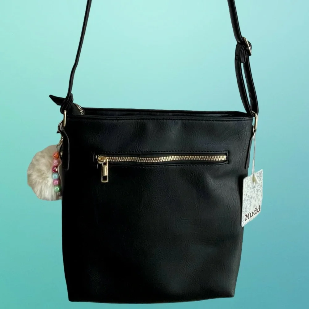 Mudd Black Zip Closure Embossed Crossbody Shoulder Bag Pom Pom Charm Keychain - Picture 5 of 13